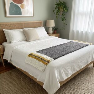 New Handmade Queen Size Chunky Bed Runner Gray Yellow Ivory